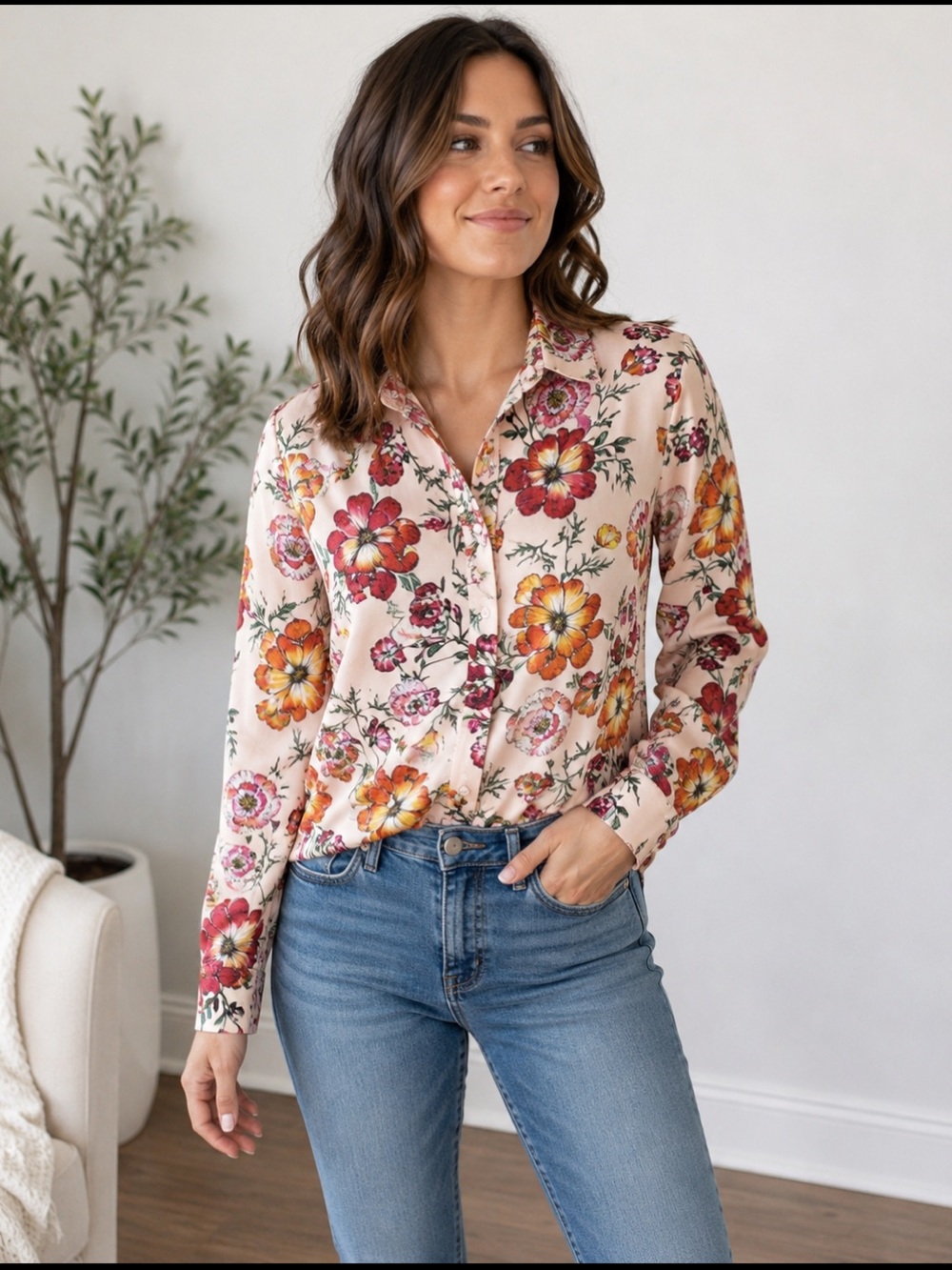 Express Portofino Peach-Pink Floral Button-Down Shirt - Picture 4 of 10